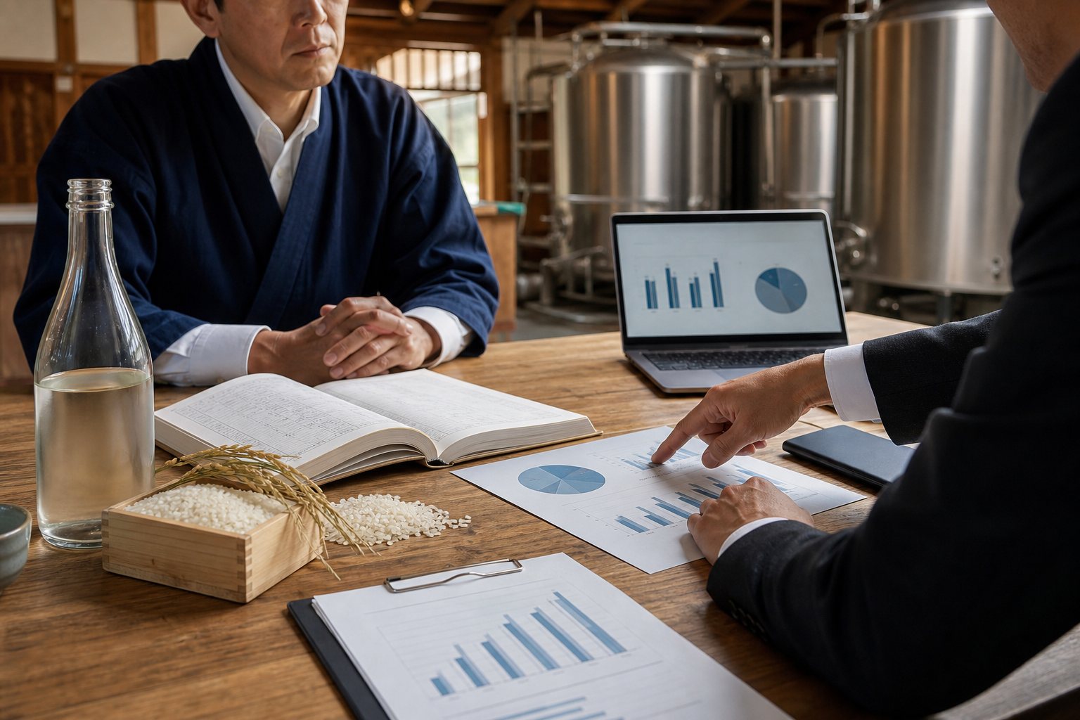 酒造会社の企業価値評価資料を確認する様子