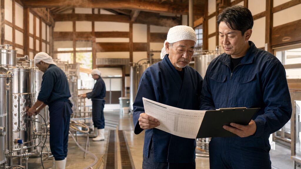 酒蔵M&A後100日プランを確認する杜氏と新経営者