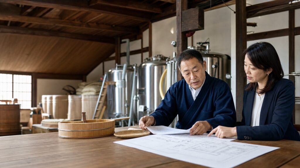 酒蔵M&Aの製造免許と製造場図面を確認する蔵元と承継アドバイザー