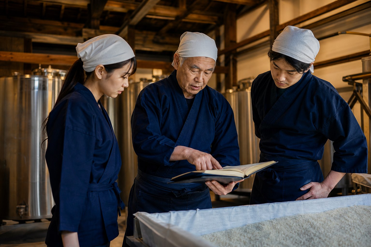 酒蔵で製造記録を確認しながら若手蔵人へ技術を伝える杜氏