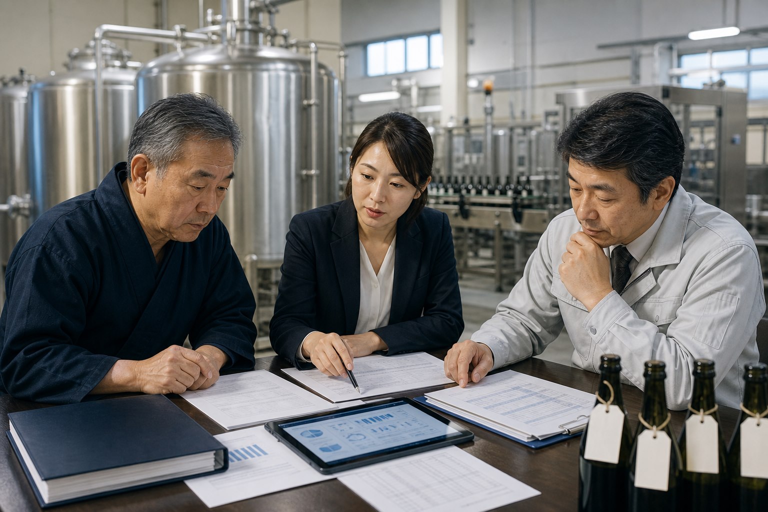 酒造設備の前で免許・在庫・財務資料を確認する経営者と専門担当者